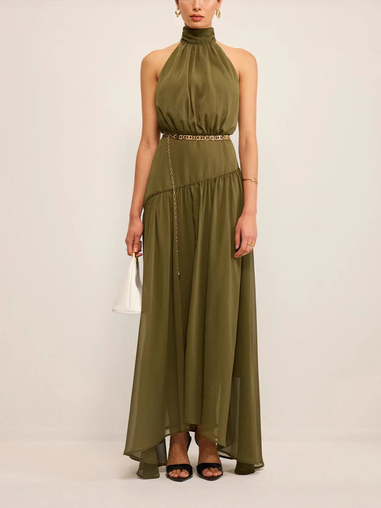 Womens Halterneck Cutout Back Dress With Flowing Ribbons