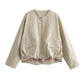 Zipped Round Neck Cargo Pocket Baggy Coat Women