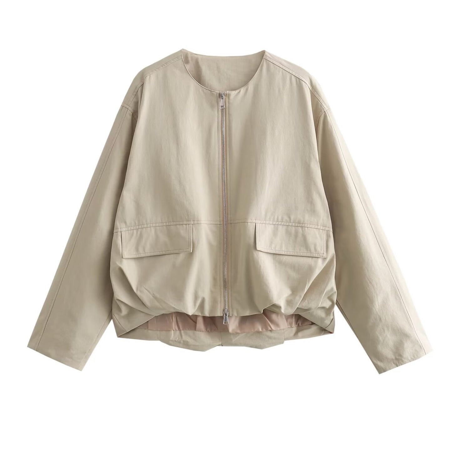 Zipped Round Neck Cargo Pocket Baggy Coat Women