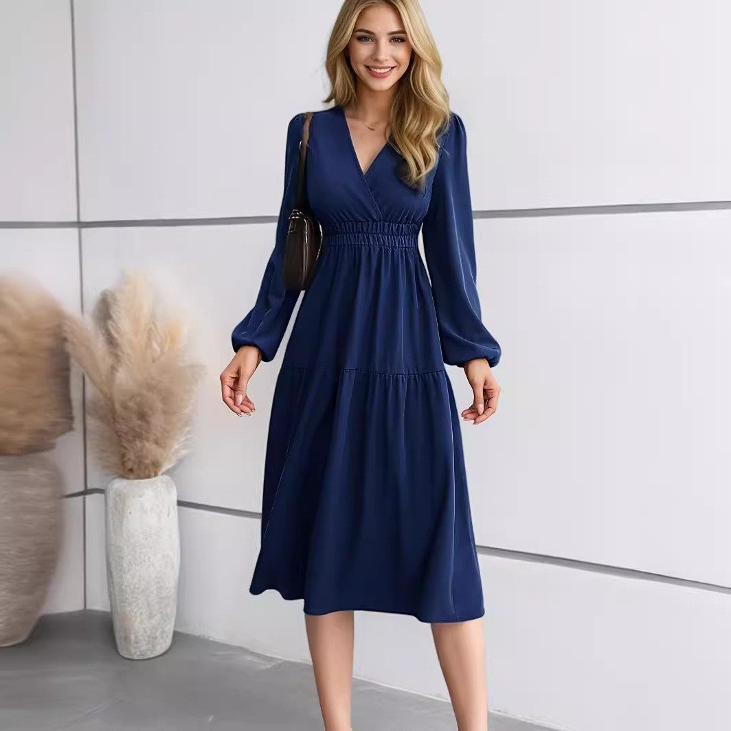 V-neck Solid Color Long Sleeve Waist Dress
