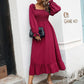 Flared Sleeve Casual Ruffled Square Collar Elastic Waist Large Swing Spring Dress