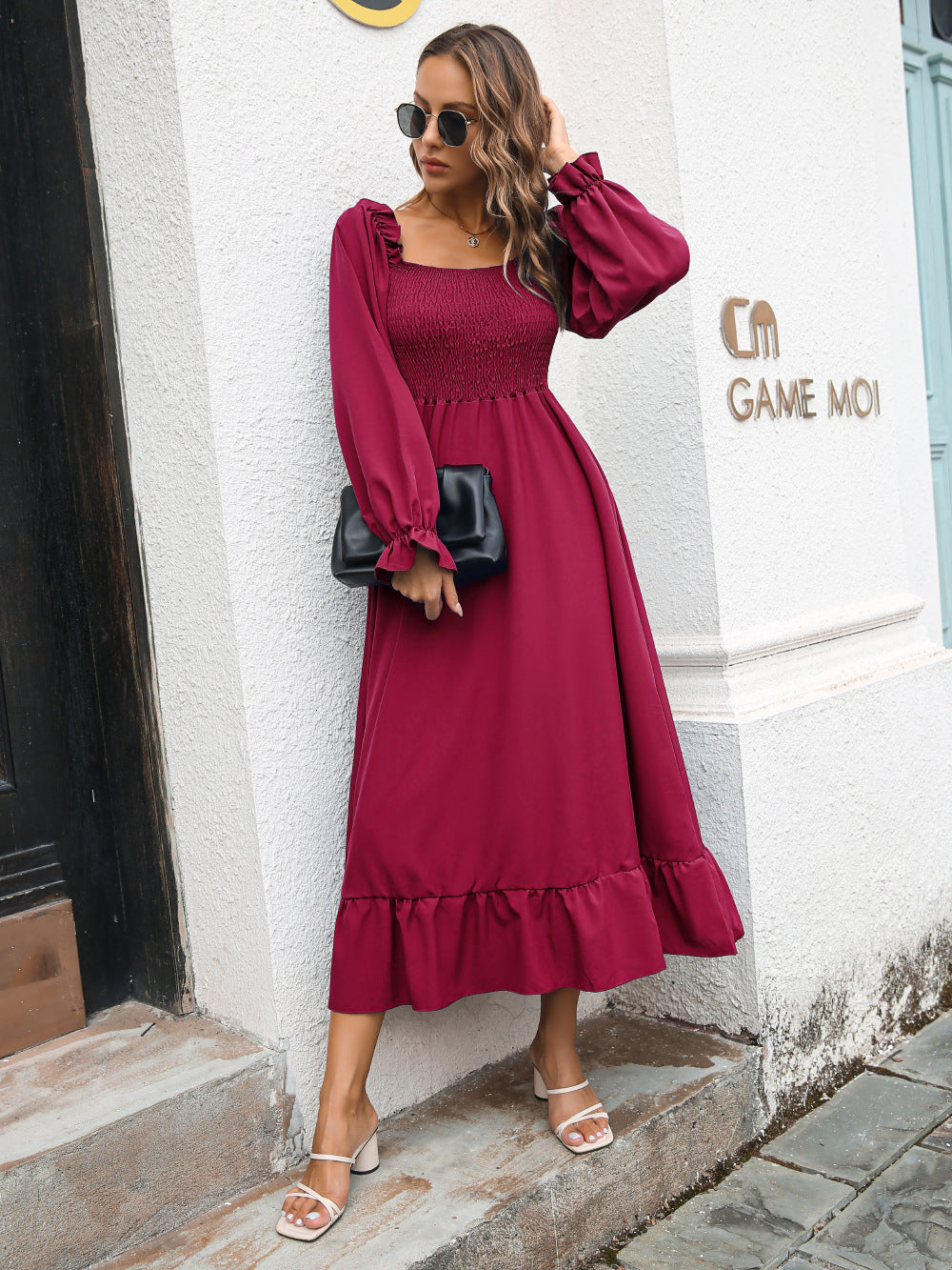 Flared Sleeve Casual Ruffled Square Collar Elastic Waist Large Swing Spring Dress