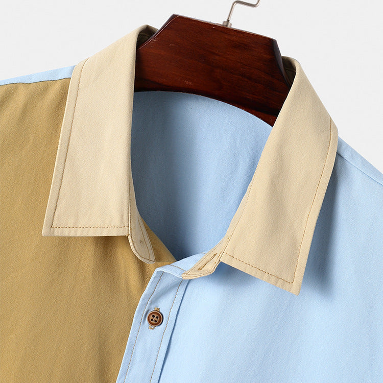 Men's Lapel Cardigan Color Block Long Sleeve Top