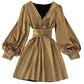 New Spring Summer V-neck Lantern-Sleeve Gold Metallic Sheer Waist-Cinched Dress