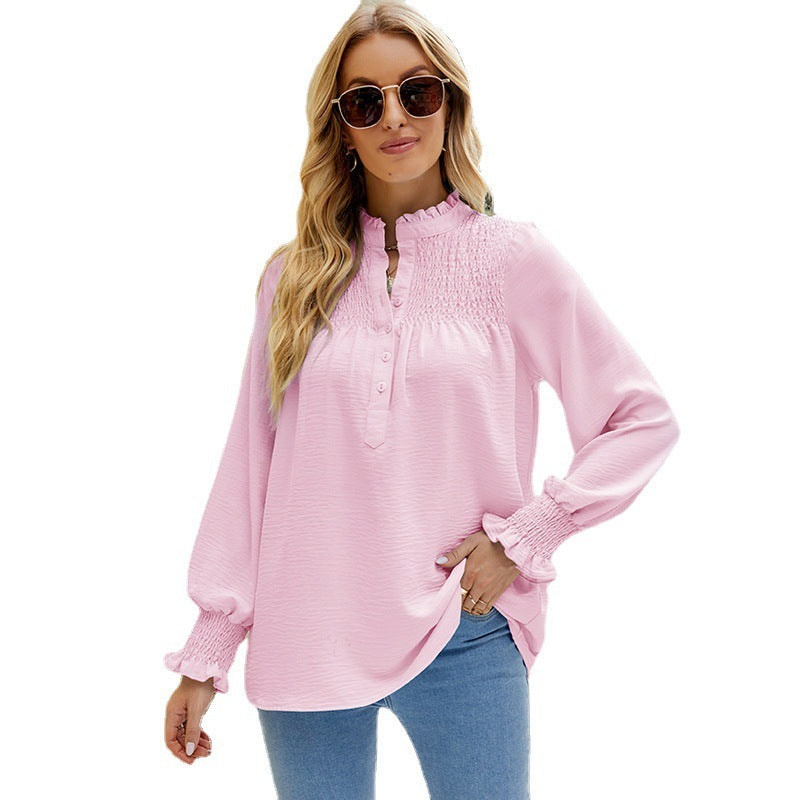 Long Sleeve Turtleneck Buttons Frill Loose Casual Top
