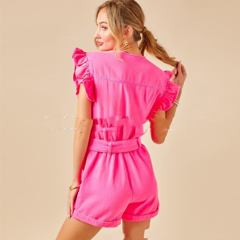Costume short en jean décontracté à ceinture