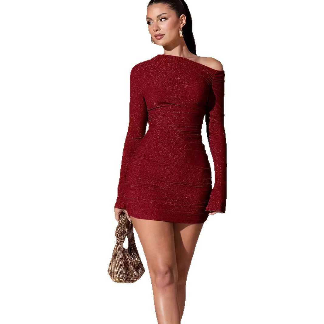 Women's Oblique Shoulder Party Solid Color Dress