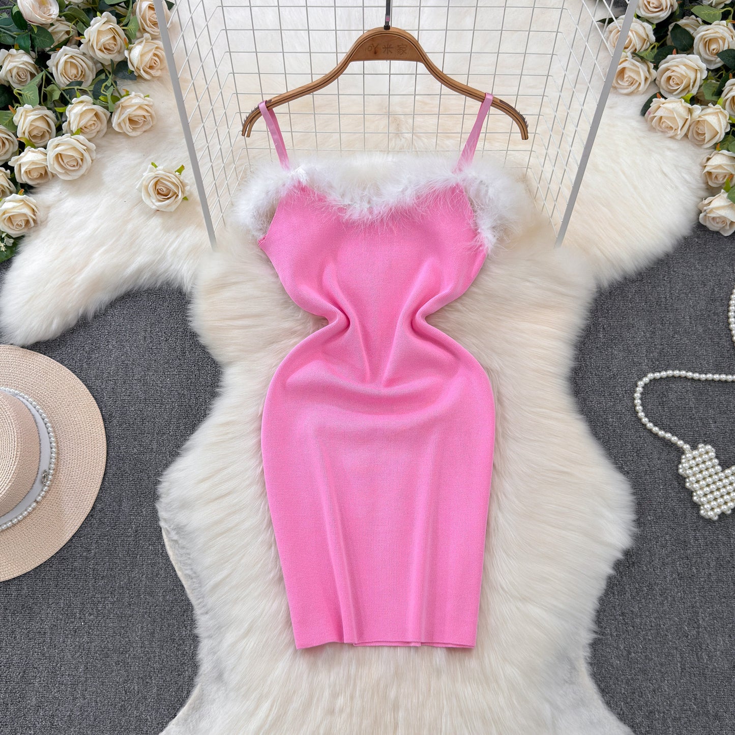 Furry Stitching Hip Base Sling Dress