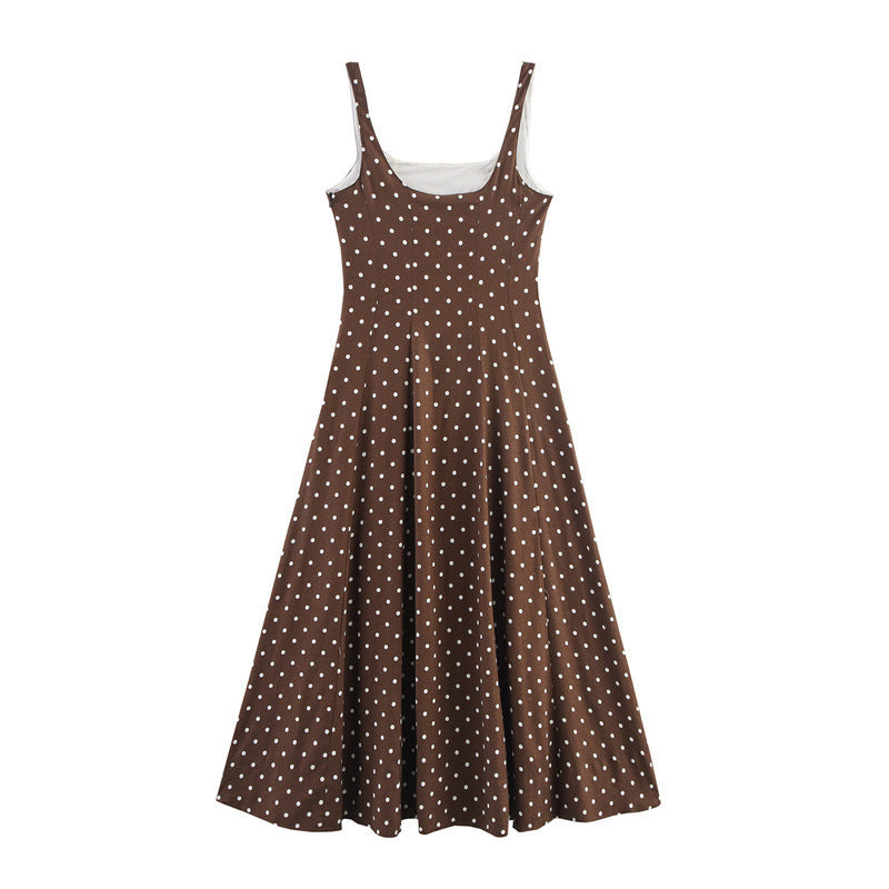 Summer Retro Waist-controlled Polka Dot Midi Skirt Sling Dress