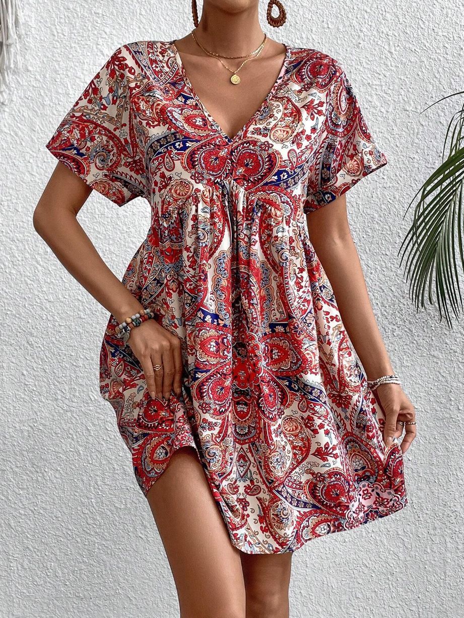 Fashion Women V-neck Printed Dress