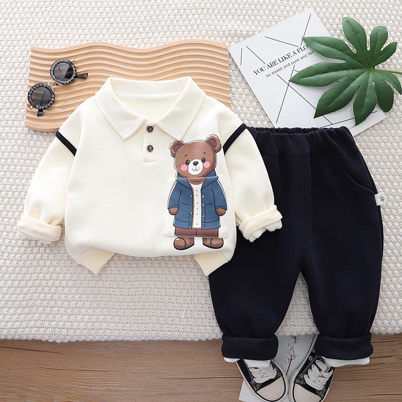 Korean Fleece-lined Two-piece Suit Baby Children Warm Suit