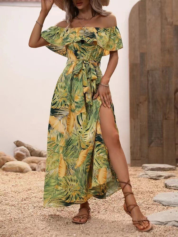 Women's Off-neck Ruffled Tied Waist Dress