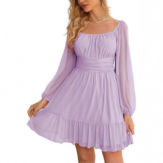 European And American Womens Mesh Long-Sleeve Square-Neck Dress