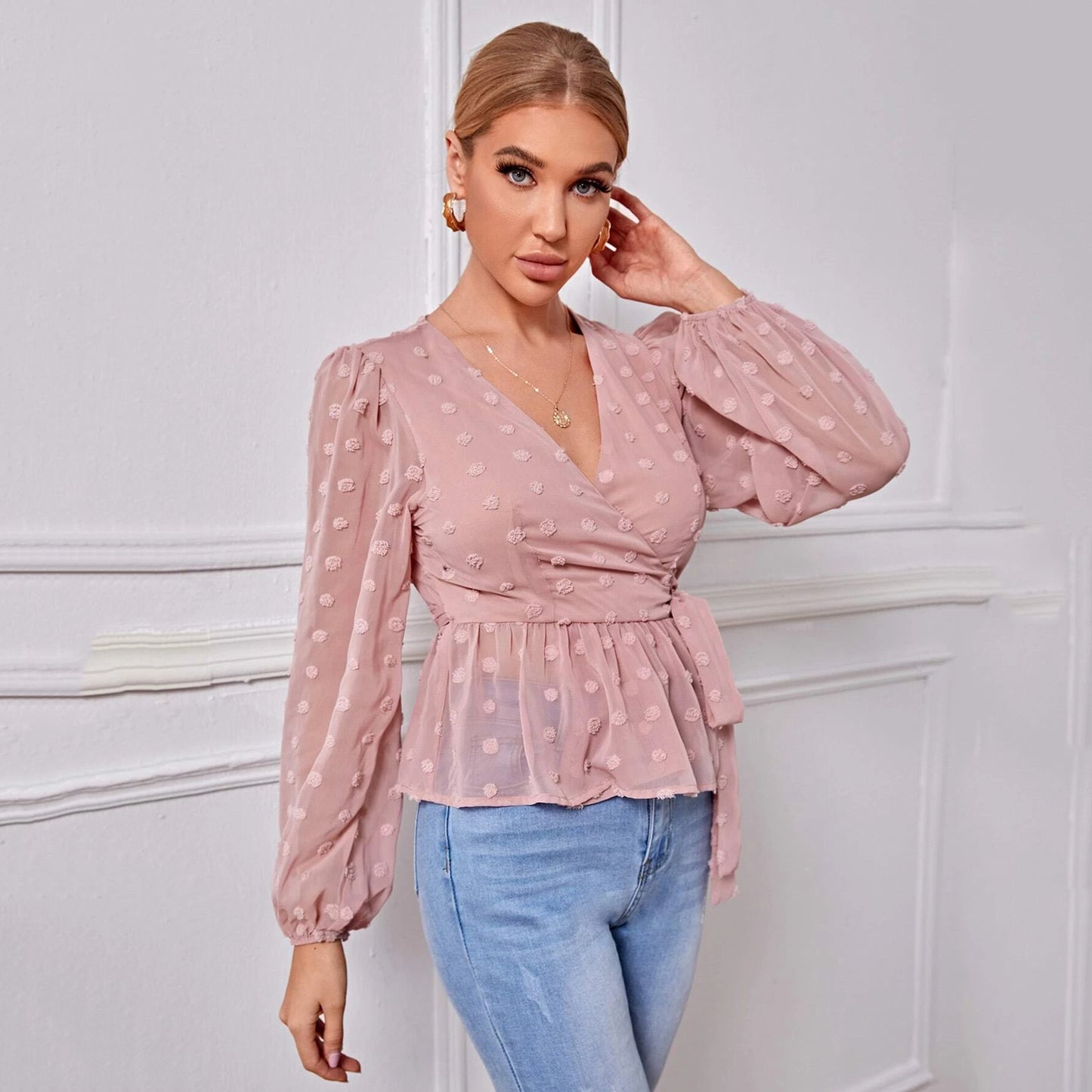 Temperament Hedging Long-sleeved V-neck Slim-fit Light Mature Blouse Women