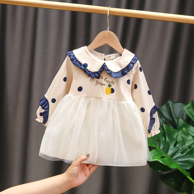 Girls' New Mesh Cotton Long Sleeved Dress