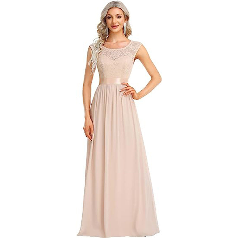 Robe tendance à col rond et coutures en dentelle