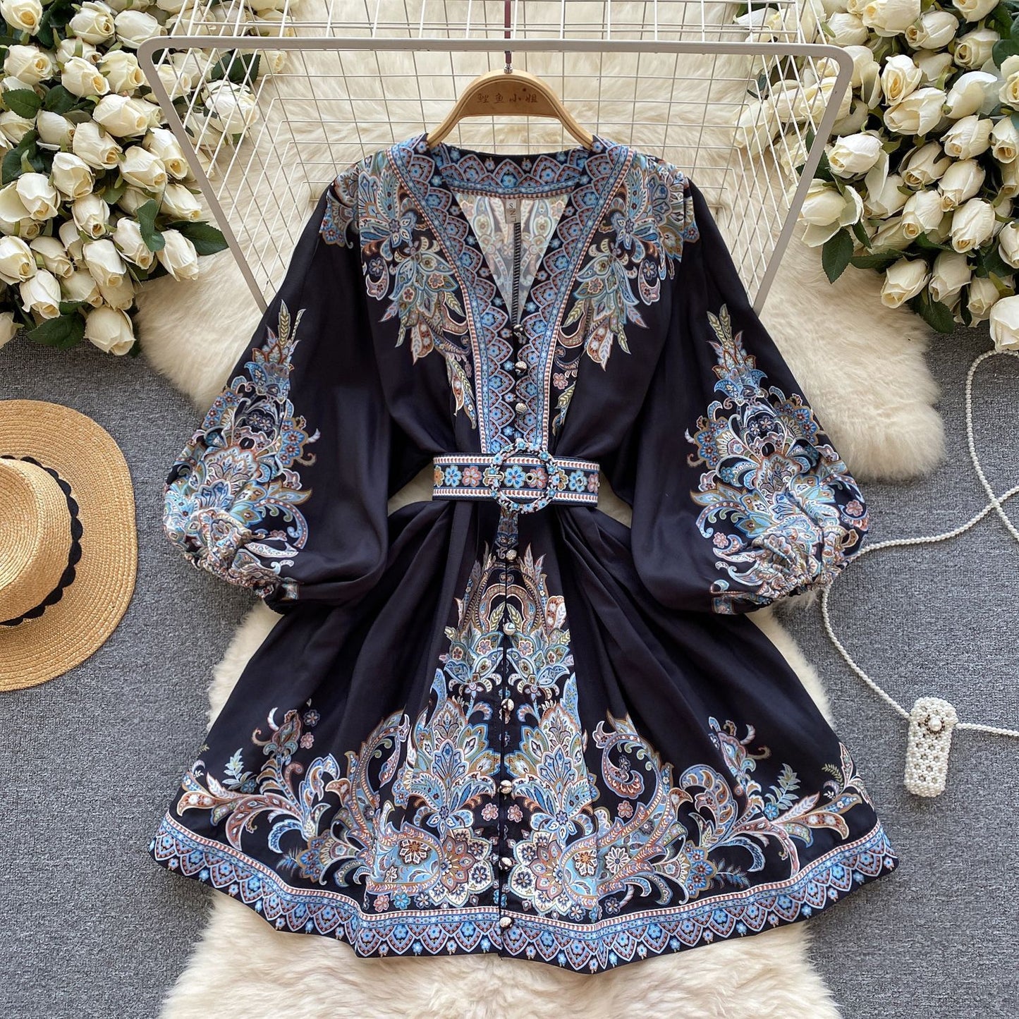 Light Luxury French Royal Style Printing Dress