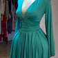 French-style Womens Pleated V-neck Long-sleeve Dress