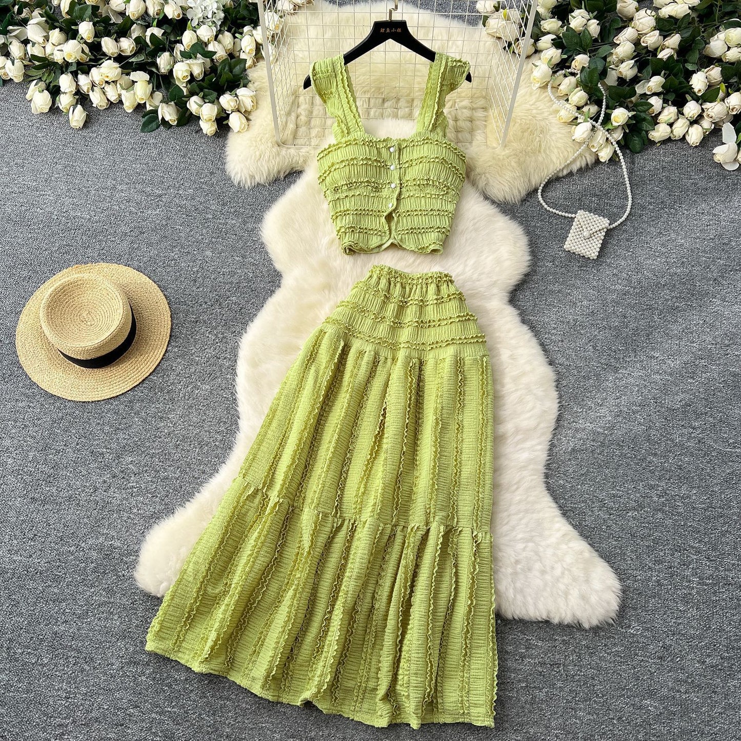 Suspender Top High Waist Crimp Skirt Two-piece Suit