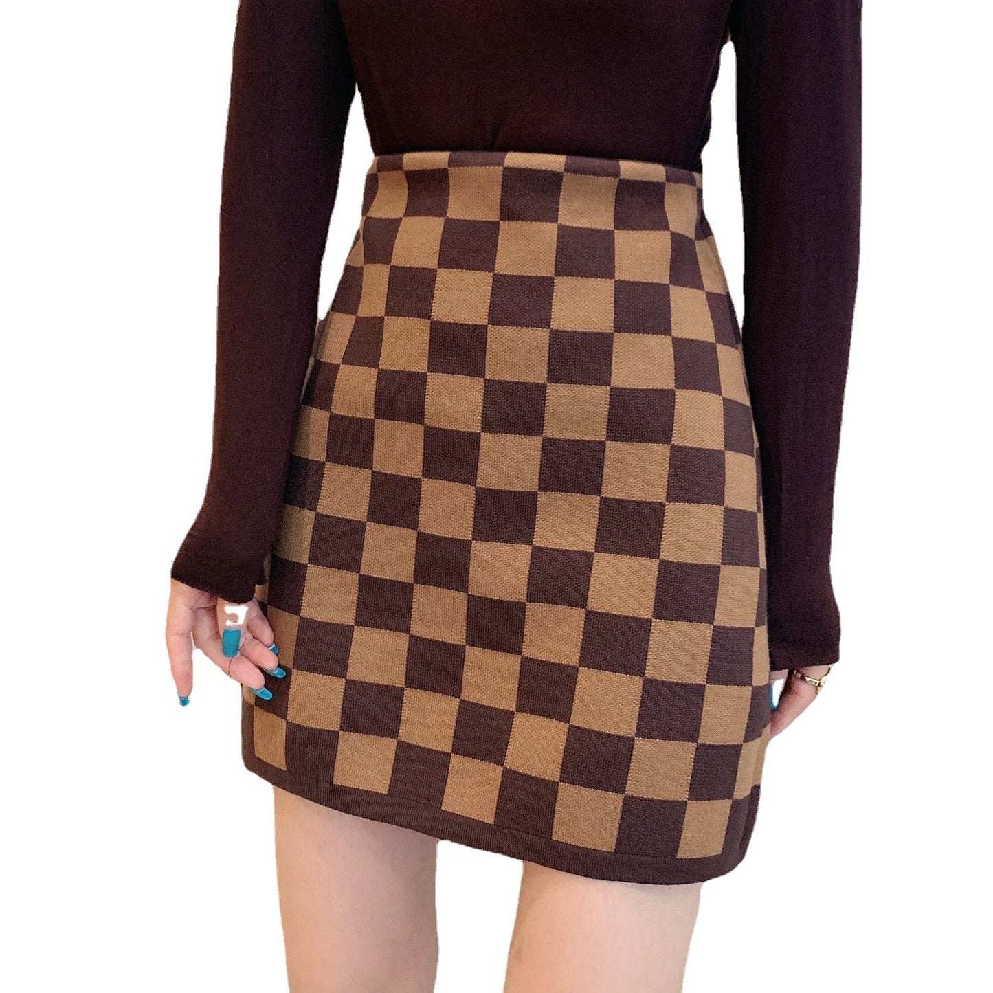 Jupe taille haute en tricot à carreaux pour femme