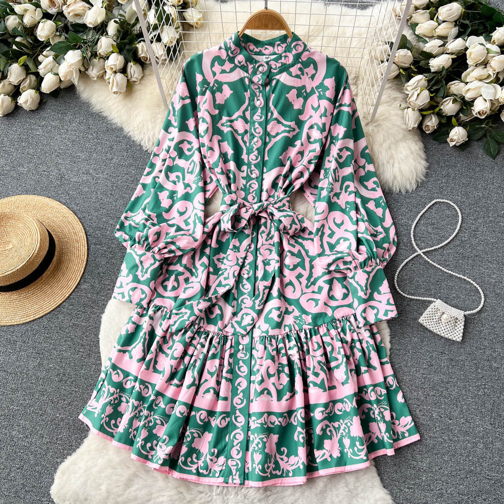 Single-breasted Ruffled Printed Dress