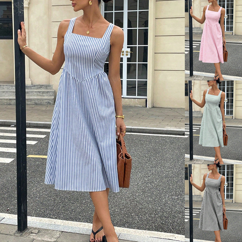 Womens Casual Sleeveless Strappy Square-Neck Colorblock Striped Dress