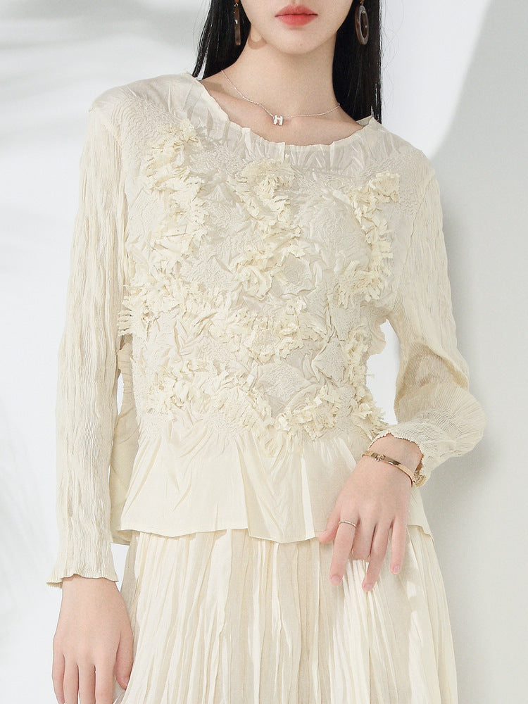 Solid Color Embroidered Long-sleeved Top Handmade Pleated Two-piece Overskirt Suit