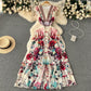 Women's Deep V-neck Lantern Sleeve Wavy Hem Wide Hem Printed Long Dress