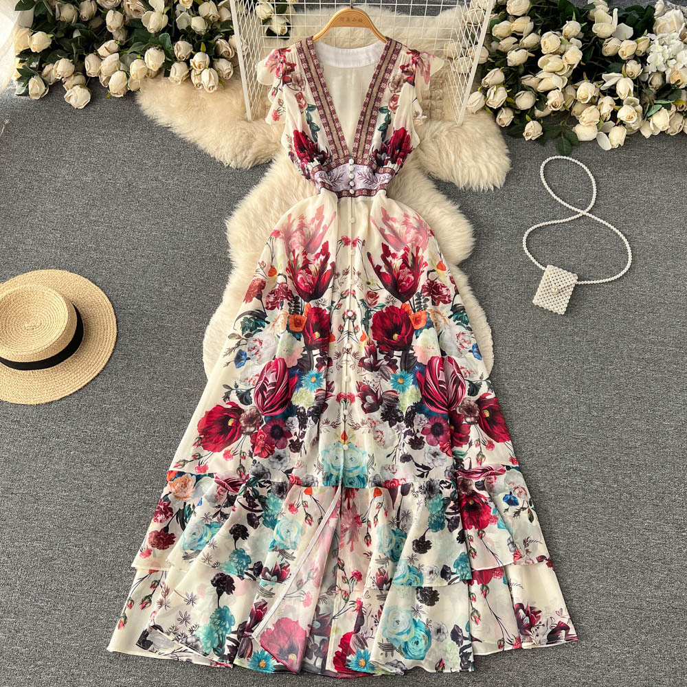 Women's Deep V-neck Lantern Sleeve Wavy Hem Wide Hem Printed Long Dress