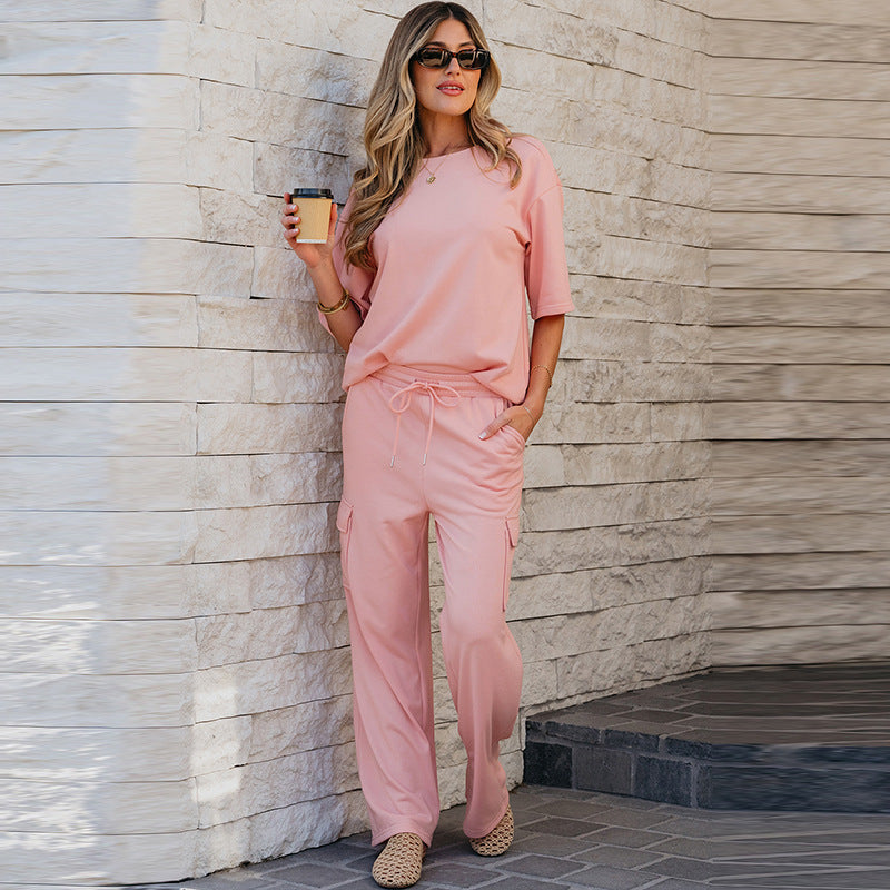 Spring And Summer New Solid Color Short Sleeve Two-piece Set Women's Casual