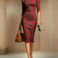 Classic Plaid Three-quarter-sleeve Boat-neck Bodycon Dress