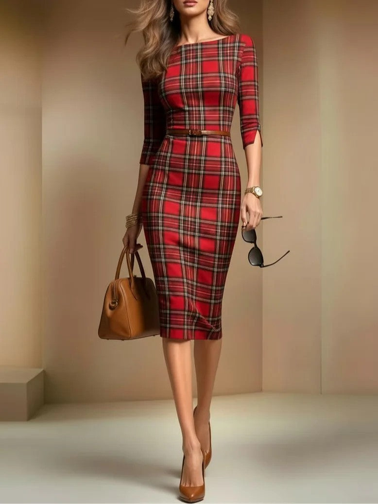 Classic Plaid Three-quarter-sleeve Boat-neck Bodycon Dress