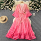 Waist Trimming Lace Up Loose V-neck Flared Sleeves Gradient Color Dress