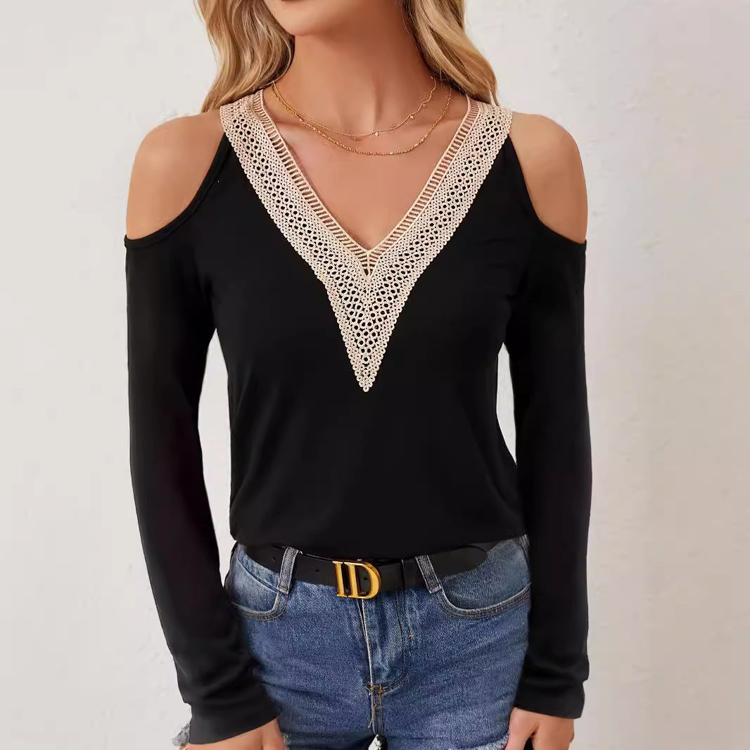 Fashion Hollowed-out Solid Color T-shirt Top Women