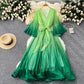 Waist Trimming Lace Up Loose V-neck Flared Sleeves Gradient Color Dress