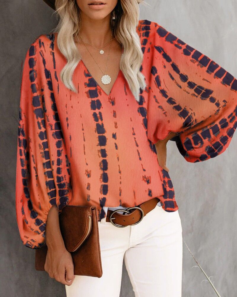 Casual Shirt Printed Lantern Sleeve Top