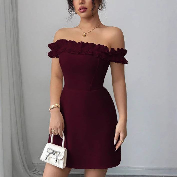 American Retro Socialite Off-neck Temperament Adult Lady Like Woman Design Sense Hip-wrapped Short Dress
