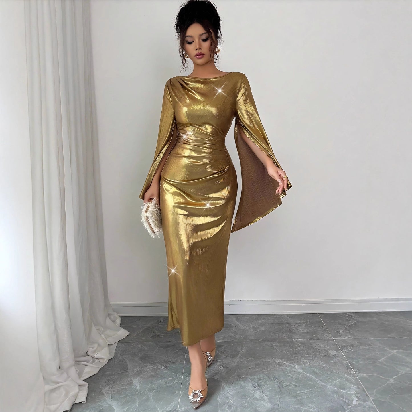 American-style Gold Foil Round Neck Slim-fit Long Dress