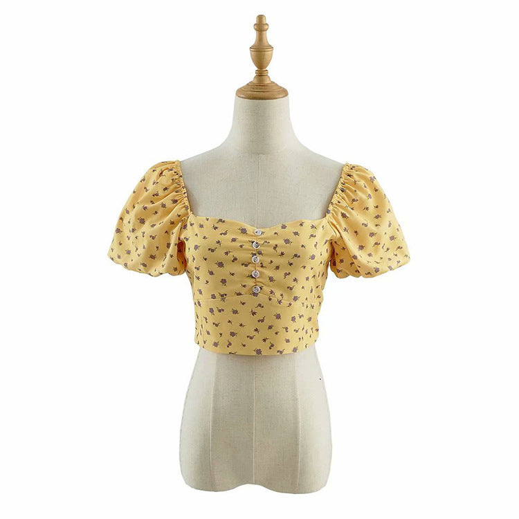 Puff Sleeve Princess Wind Floral Square Neck Sweet And T-shirt