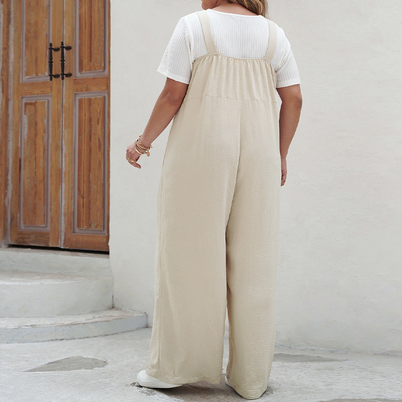 Solid Color Women's Summer Loose Plus-sized Wide Leg One-piece Trousers