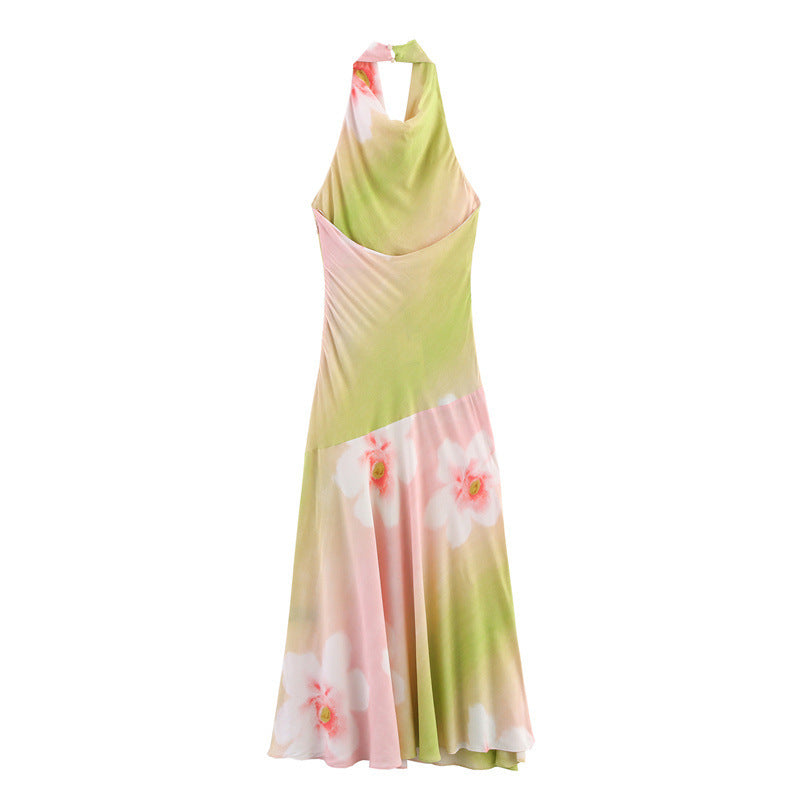 Fashion Flower Print Hanging Collar Dress