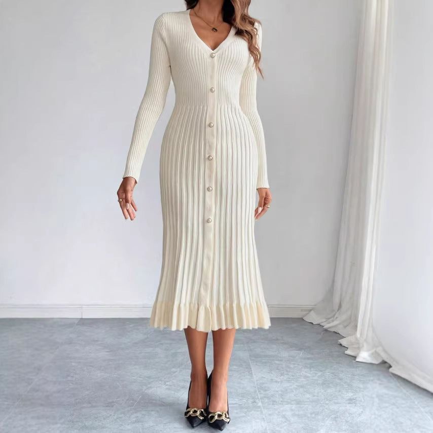 Women's Waist-Cinching Vintage Button Knit Dress