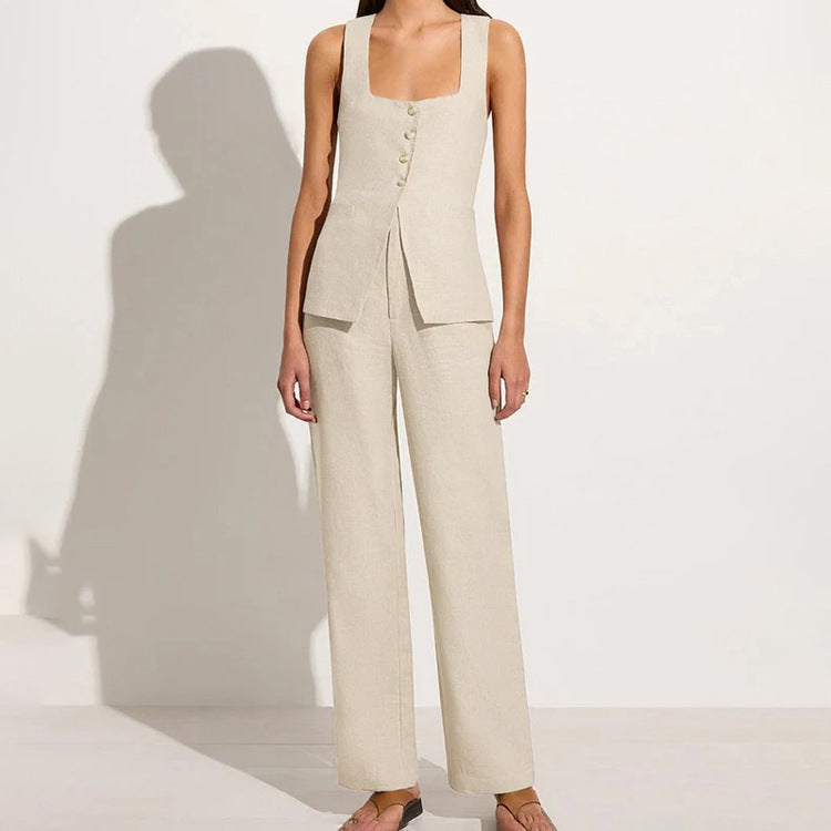 Cotton Linen Commuter Sleeveless Square Collar Lace Up Vest Jacket High Waist Wide Leg Pants Suit