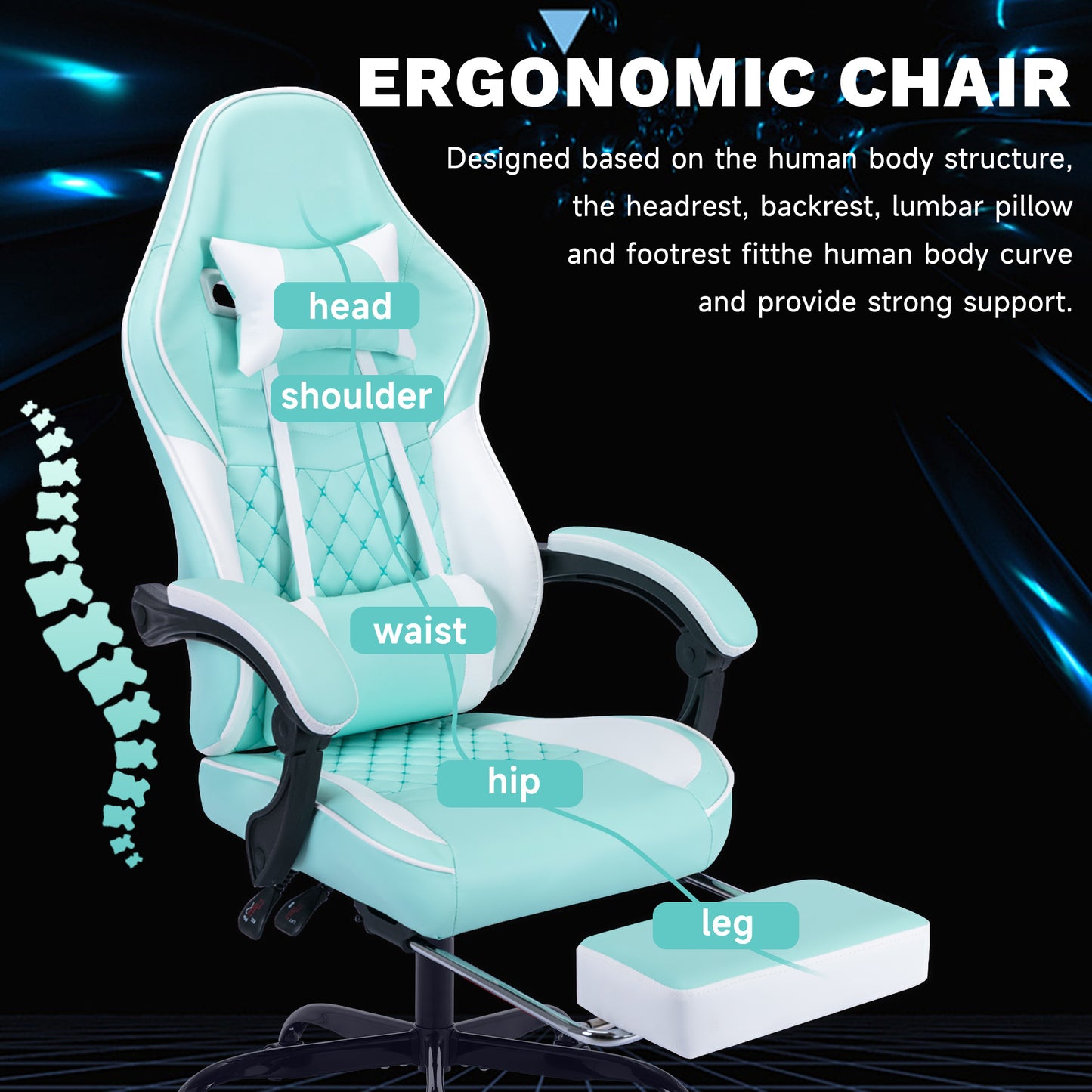 Ergonomic Video Gamer Chairs,Computer Gaming Chairs With Massage Lumbar Support And Footrest,Racing Style Computer Chair Adjustable Headrest For Adults,GREEN