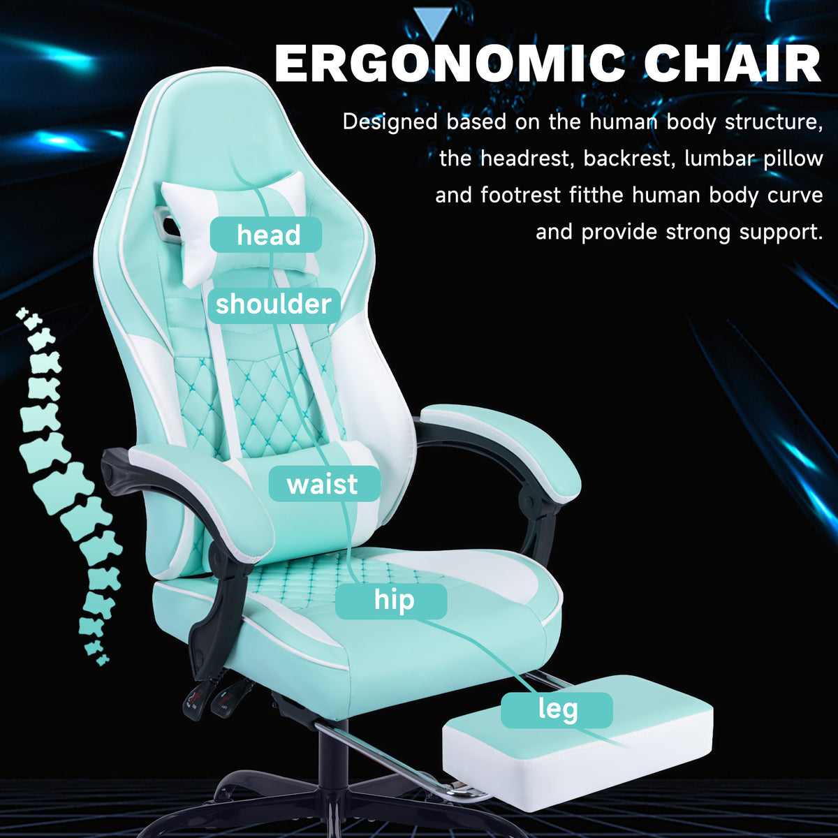 Ergonomic Video Gamer Chairs,Computer Gaming Chairs With Massage Lumbar Support And Footrest,Racing Style Computer Chair Adjustable Headrest For Adults,GREEN