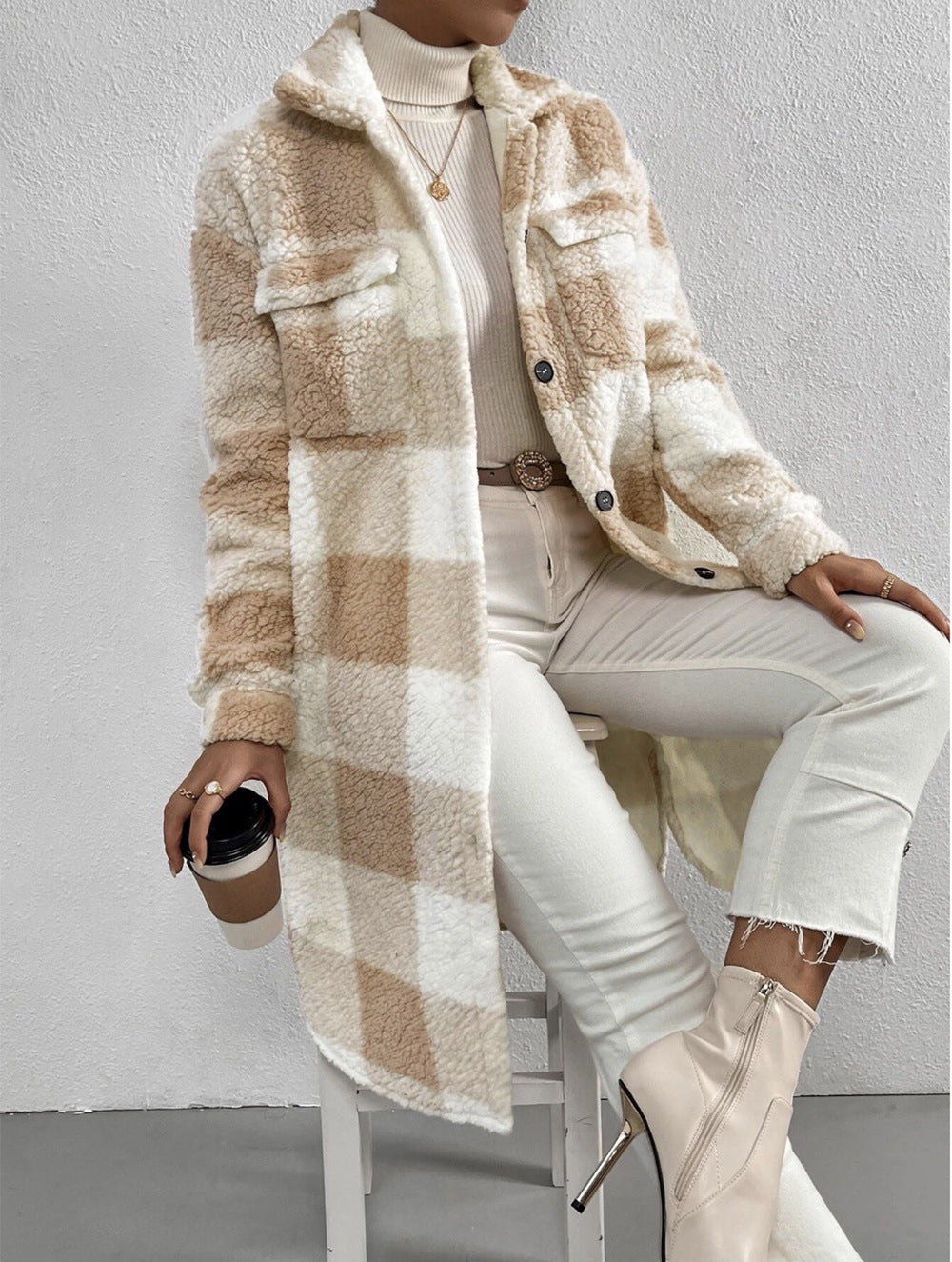 Women's Fashion Polo Collar Plush Plaid Coat