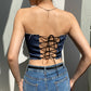 Denim Stitching Raw-edge Lace-up Tube Top T-shirt