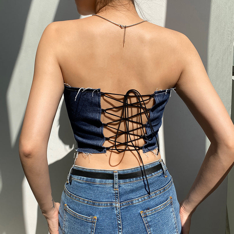 Denim Stitching Raw-edge Lace-up Tube Top T-shirt