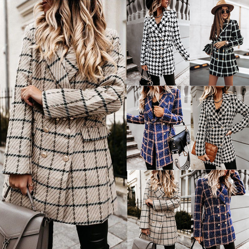 Long Sleeve Suit Collar Double Row Button Woolen Coat