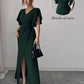 Lotus-Leaf Sleeve V-Neck Waist-Cinching Slim-Fit Long Dress